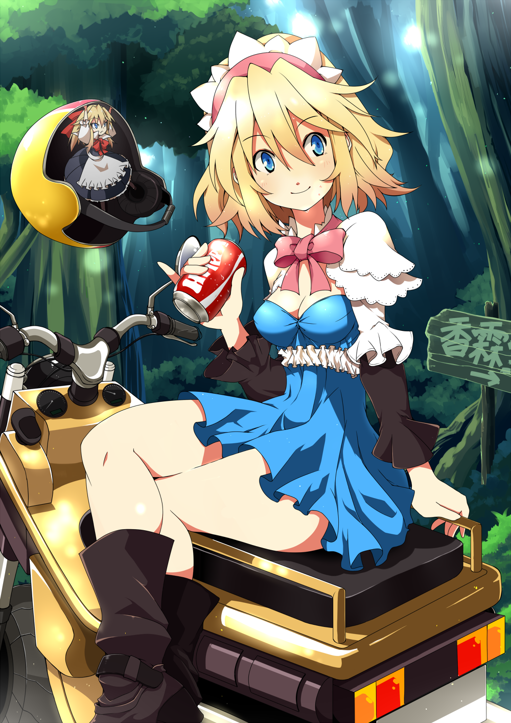 adapted_costume alice_margatroid alternate_costume bad_id bad_pixiv_id blonde_hair blue_eyes blush boots bow breasts can cleavage contemporary crossed_legs dress forest ground_vehicle hairband helmet highres kotomuke_fuurin medium_breasts motor_vehicle motorcycle nature no_bra pinky_out shanghai_doll short_hair sitting smile soda soda_can solo touhou