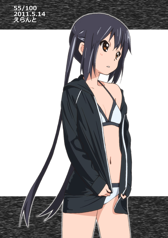 2011 bikini black_hair brown_eyes dated errant jacket k-on! long_hair nakano_azusa navel off_shoulder solo swimsuit twintails