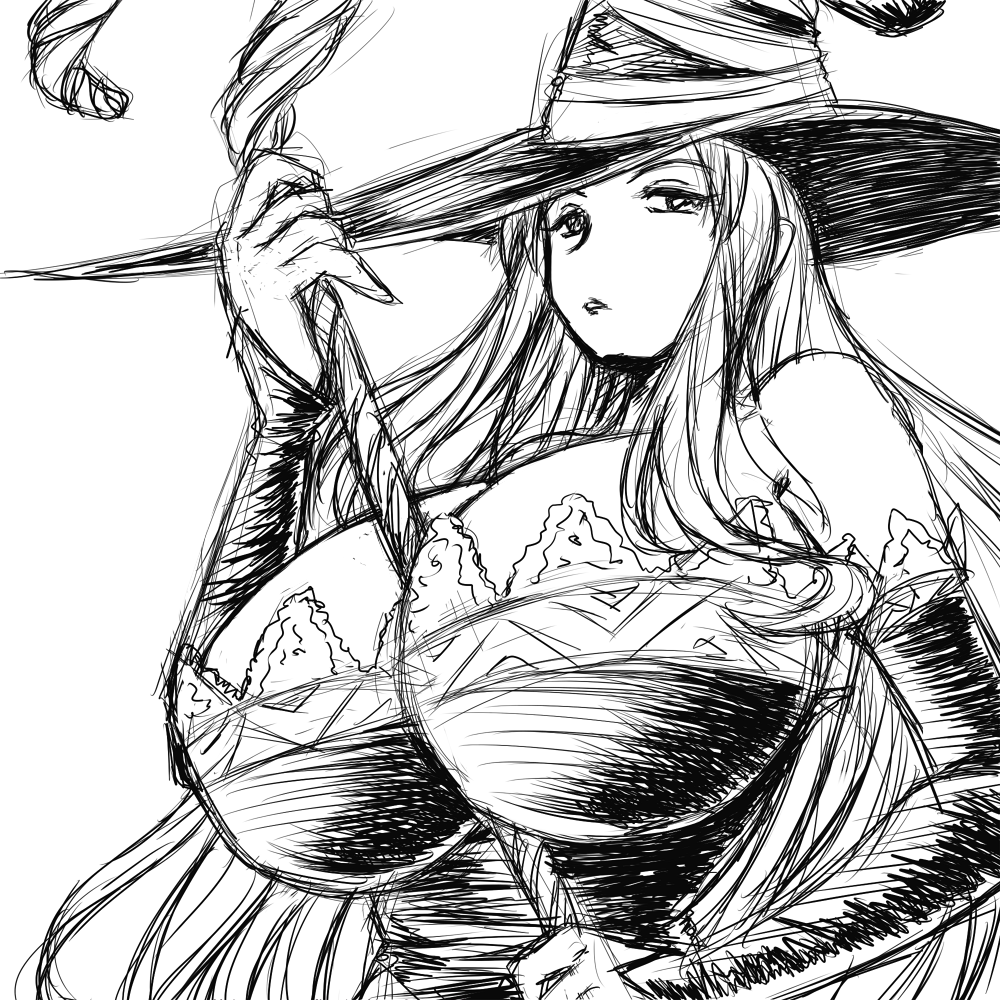artist_request between_breasts bit breasts cleavage dragon's_crown dragon's_crown hat huge_breasts monochrome sketch sorceress_(dragon's_crown) sorceress_(dragon's_crown) staff vanillaware weapon witch_hat