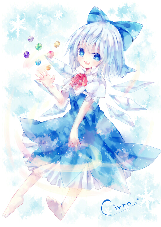 arm_up bad_id bad_pixiv_id barefoot blue_dress blue_eyes blue_hair bow cirno dress gem hair_bow necktie nonaka open_mouth short_hair smile snowflakes solo touhou wings
