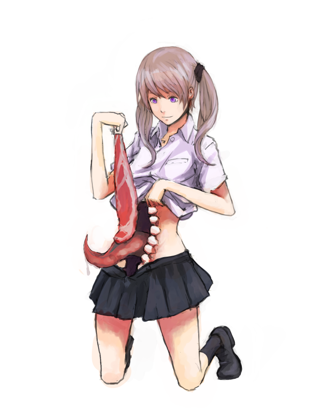 brown_hair chest_mouth extra_mouth feeding food full_body jittsu kneeling loafers long_tongue meat monster_girl open_mouth original purple_eyes school_uniform shirt_lift shoes simple_background skirt solo teeth tongue twintails