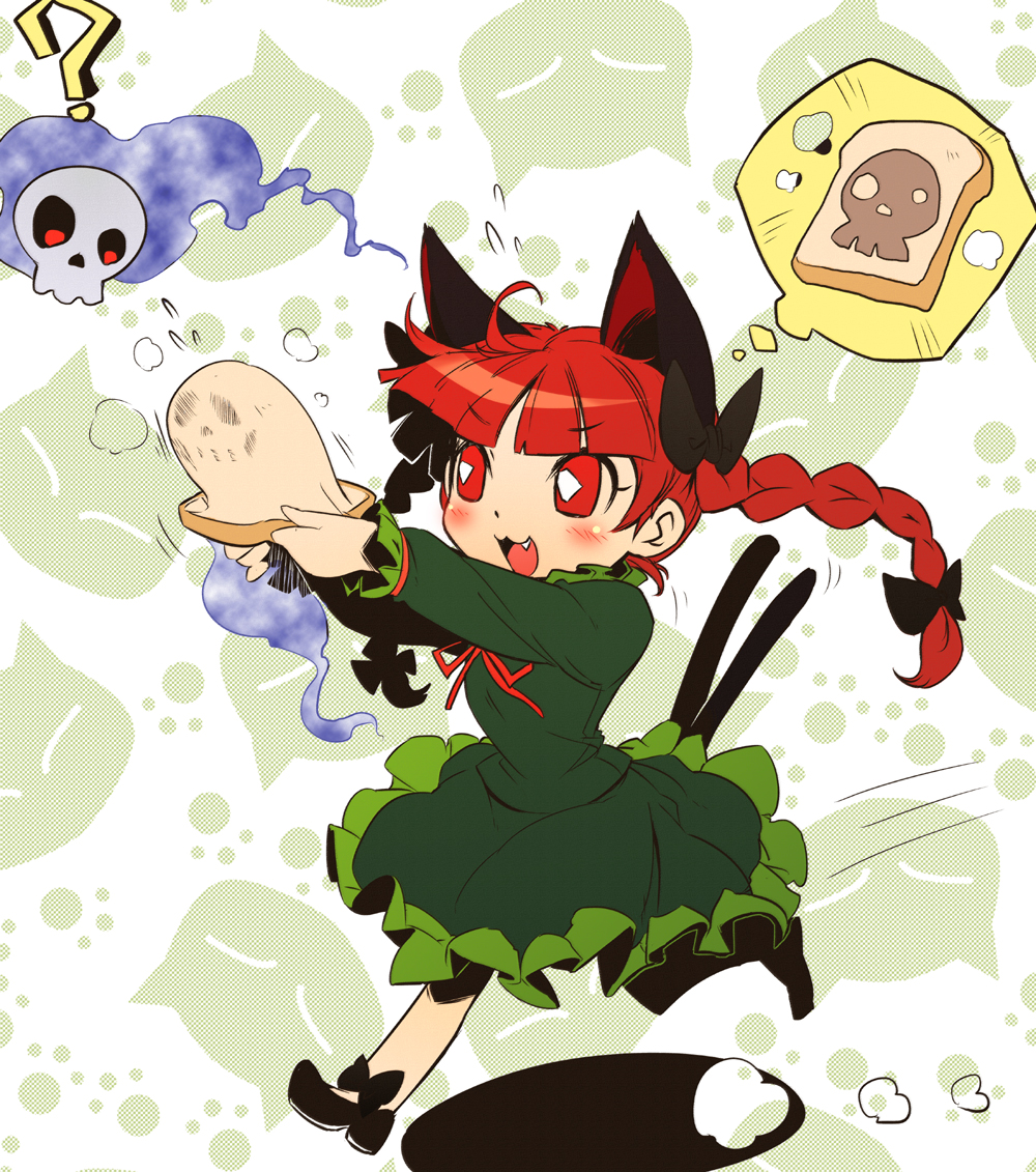 :3 ? animal_ears bangs blunt_bangs braid cat_ears cat_tail dress extra_ears fang food im_(badmasa) kaenbyou_rin multiple_tails red_eyes red_hair running skull solo tail toast touhou twin_braids twintails