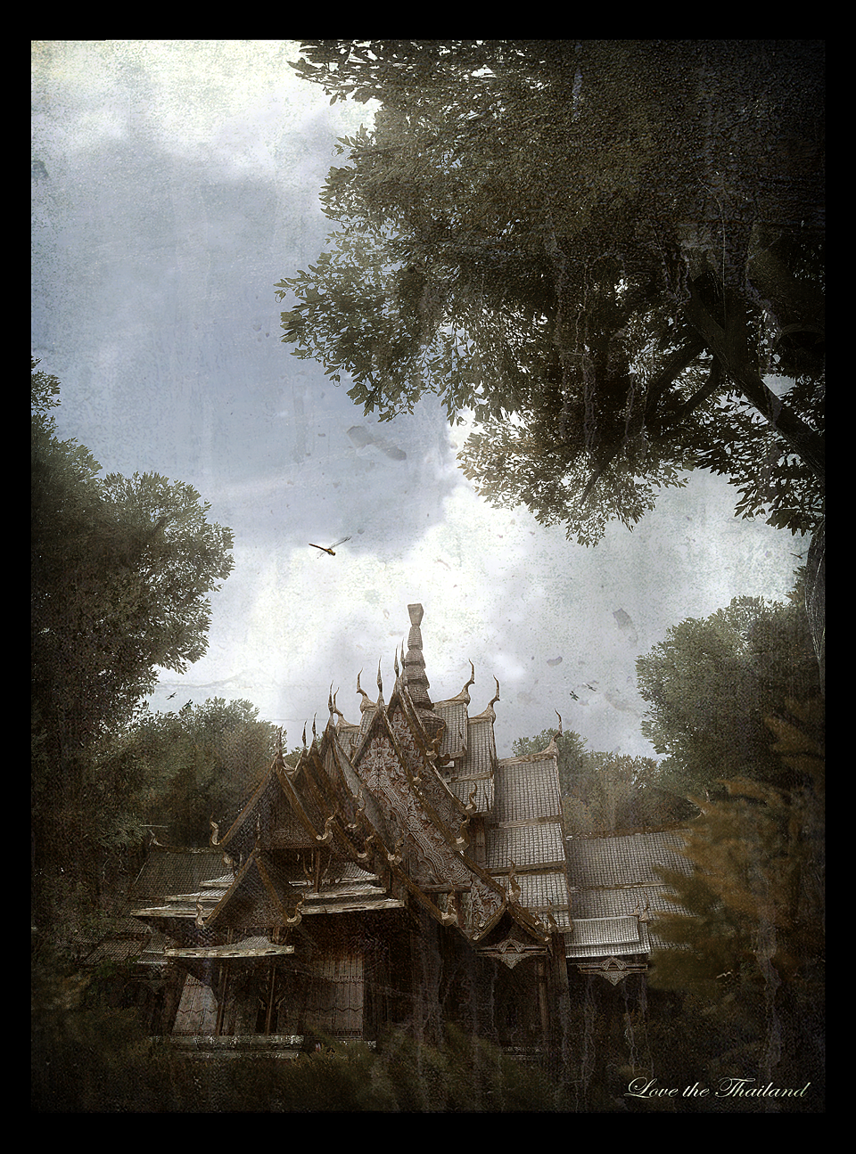 bug cloud day dragonfly engrish faux_traditional_media highres ikeda_(hayato) insect no_humans original photorealistic ranguage scenery sky temple thailand