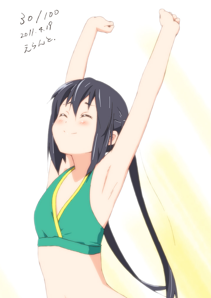 2011 armpits arms_up black_hair brown_eyes closed_eyes dated errant flat_chest k-on! long_hair nakano_azusa smile solo stretch swimsuit twintails upper_body