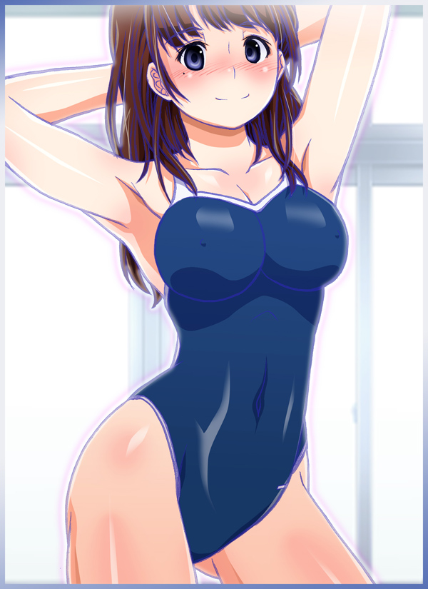 armpits arms_behind_head arms_up blue_eyes blush breasts brown_hair competition_school_swimsuit covered_nipples large_breasts long_hair mole mole_under_eye one-piece_swimsuit original ryuu_ryuu school_swimsuit skin_tight solo swimsuit thighs