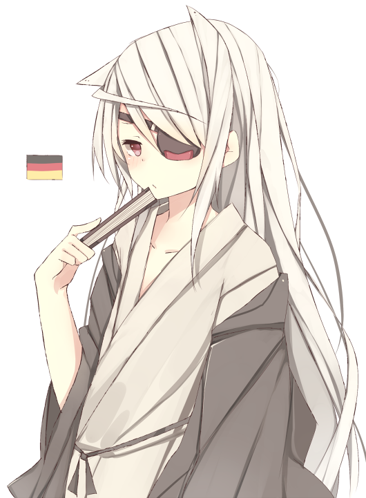 bad_id bad_pixiv_id blush eyepatch fan folding_fan germany infinite_stratos japanese_clothes kimono laura_bodewig long_hair meet_neet red_eyes silver_hair simple_background solo very_long_hair
