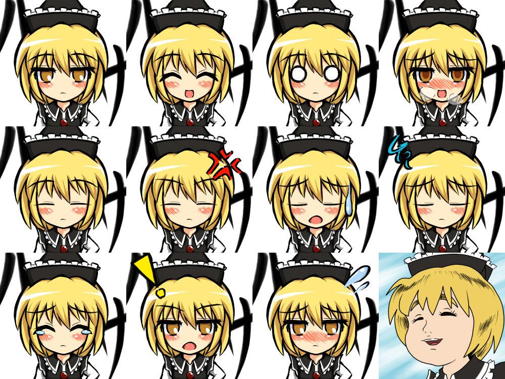 1girl anger_vein bad_id bad_pixiv_id banned_artist blonde_hair blush chargeman_ken! closed_eyes expressions faceset happy hat kisaragi_zwei lunasa_prismriver o_o open_mouth parody short_hair sweatdrop touhou yellow_eyes