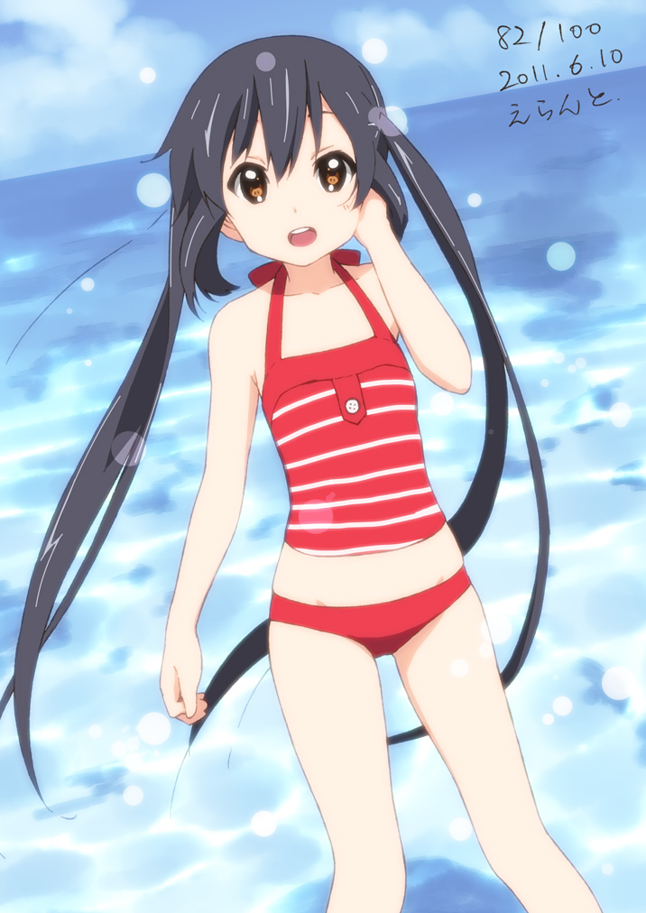 2011 black_hair brown_eyes dated day errant k-on! long_hair nakano_azusa solo swimsuit twintails water