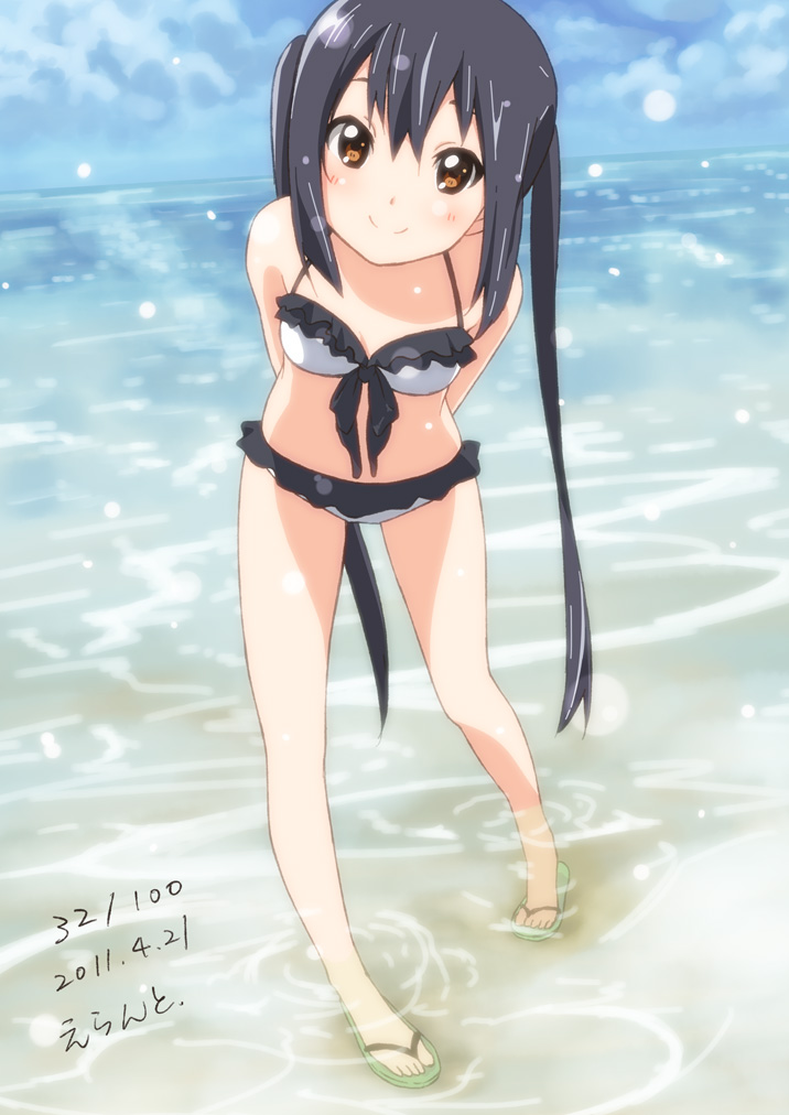 2011 arms_behind_back bikini black_hair brown_eyes dated day errant frilled_bikini frills front-tie_top k-on! leaning_forward long_hair nakano_azusa ocean sandals smile solo swimsuit twintails wading water