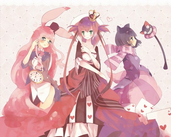 airi airi_(queen's_blade) alice_in_wonderland animal_ears bunny_ears card cards cat_ears cheshire_cat crossover crown glasses hat melona menace queen's_blade queen's_blade queen_of_hearts setra watch white_rabbit