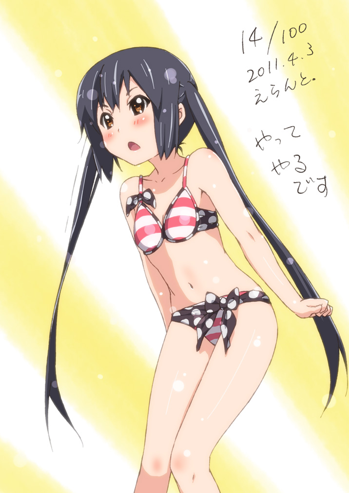 2011 black_hair brown_eyes dated errant k-on! long_hair nakano_azusa polka_dot polka_dot_swimsuit solo swimsuit twintails
