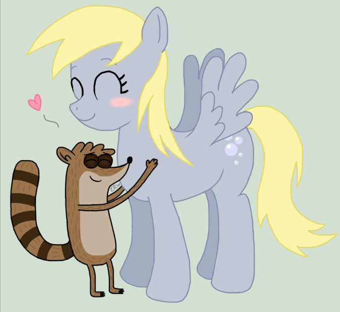 couple crossover cutie_mark derpy_hooves_(mlp) duo equine erw female feral friendship_is_magic hug male mammal my_little_pony pegasus raccoon regular_show rigby wings