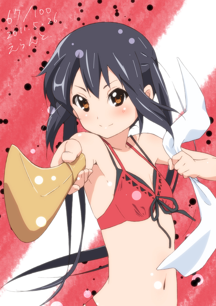 2011 armpits bangs bikini black_hair blush bokken brown_eyes errant flat_chest foreshortening front-tie_top holding k-on! layered_bikini long_hair nakano_azusa navel outstretched_arm polka_dot polka_dot_background signature smile solo swimsuit sword towel twintails upper_body very_long_hair weapon wooden_sword