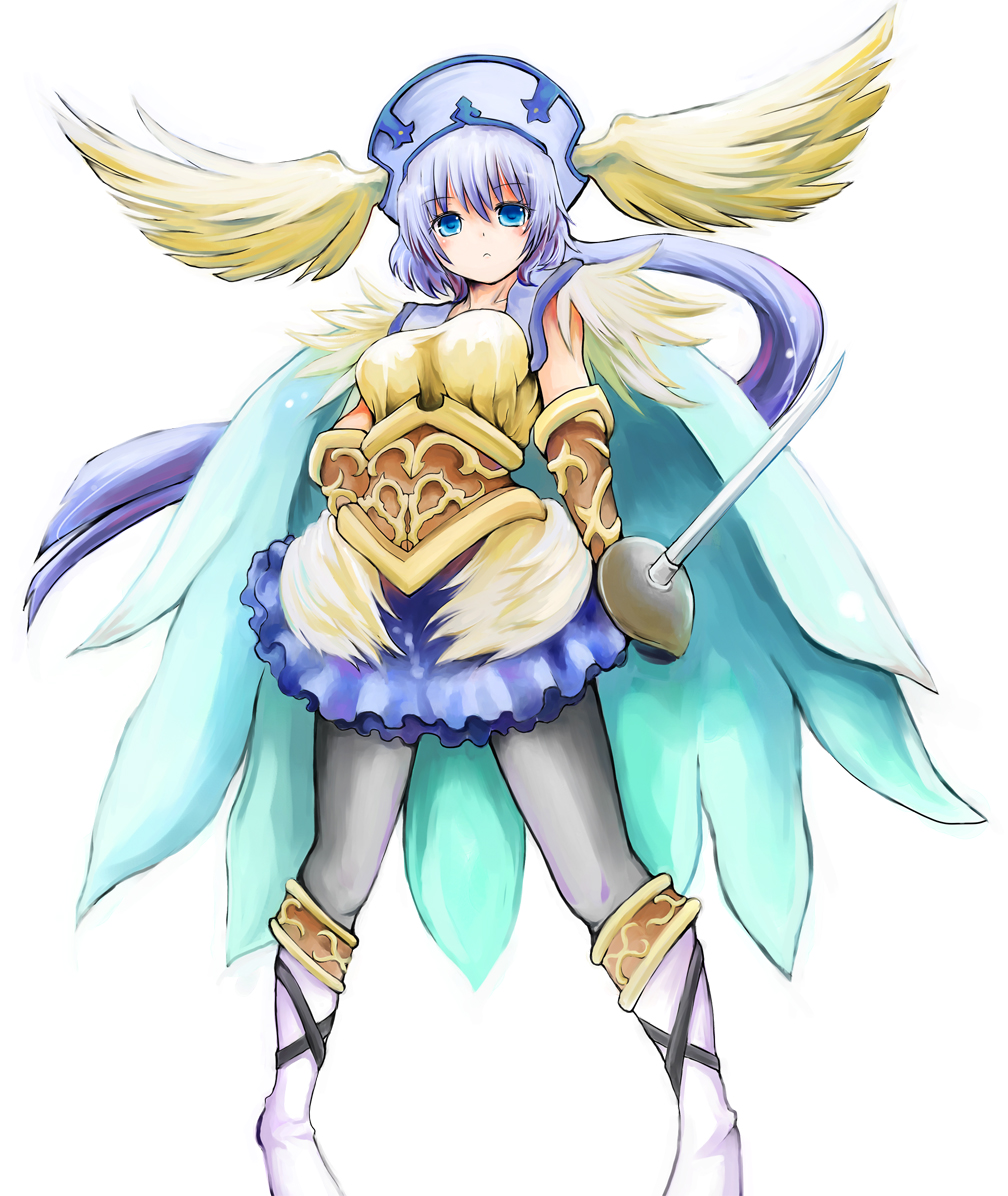 armor blue_eyes blue_hair cape elise_(gungnir) gungnir haruyukiko head_wings pantyhose skirt solo sword weapon wings