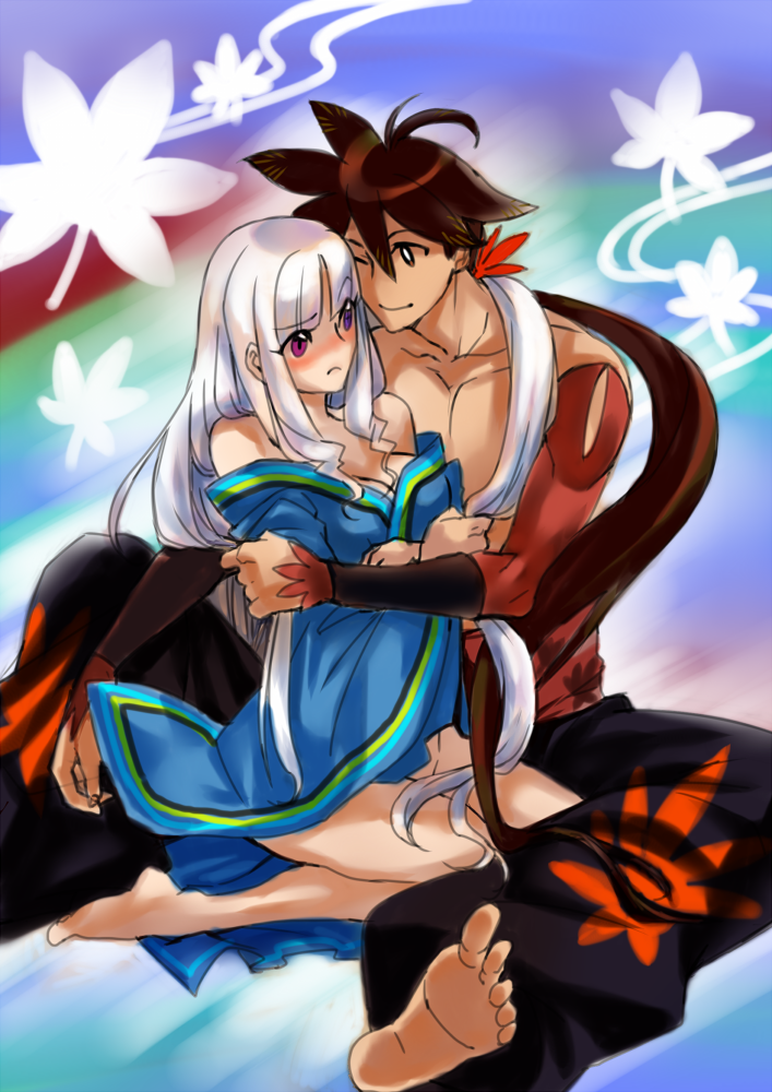 1girl barefoot blueninja couple feet hetero heterochromia japanese_clothes katanagatari leaf long_hair maple_leaf purple_eyes red_eyes togame very_long_hair white_hair yasuri_shichika