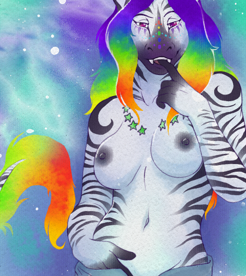 anthro breasts equine fangs female hair looking_at_viewer mammal multi-colored_hair navel necklace nipples pondering rainbow rainbow_hair snowroserivenstar solo stripes topless undressing zebra