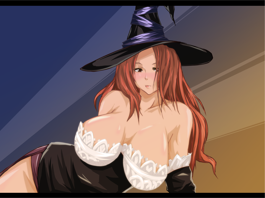 1girl arm_support bare_shoulders blush breasts brown_eyes curvy detached_sleeves dragon's_crown dragon's_crown dress female hat large_breasts long_hair lying on_side orange_hair reizima solo sorceress sorceress_(dragon's_crown) sorceress_(dragon's_crown) strapless_dress vanillaware witch witch_hat