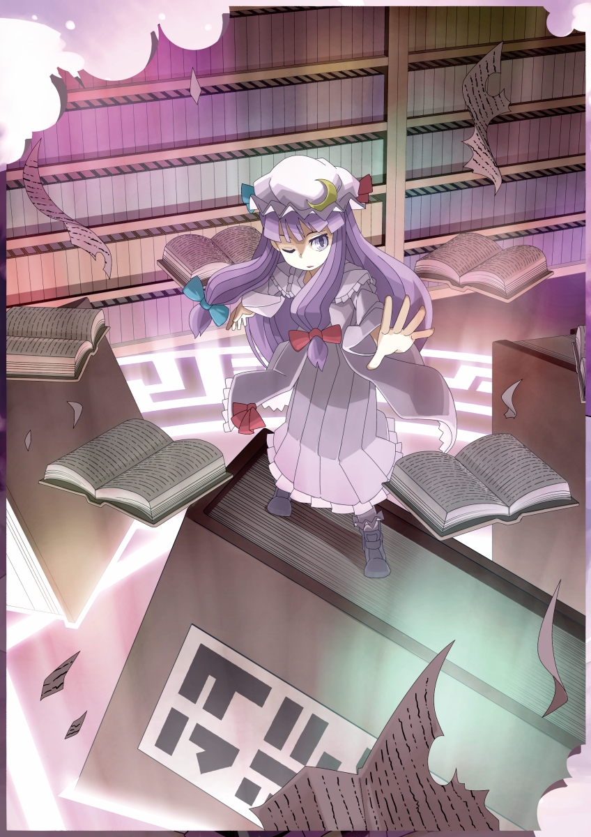 bad_id bad_pixiv_id book bookshelf capelet crescent d@i dress flying_paper glowing hat highres library long_hair magic_circle one_eye_closed outstretched_arm paper patchouli_knowledge pink_dress purple_eyes purple_hair solo touhou voile