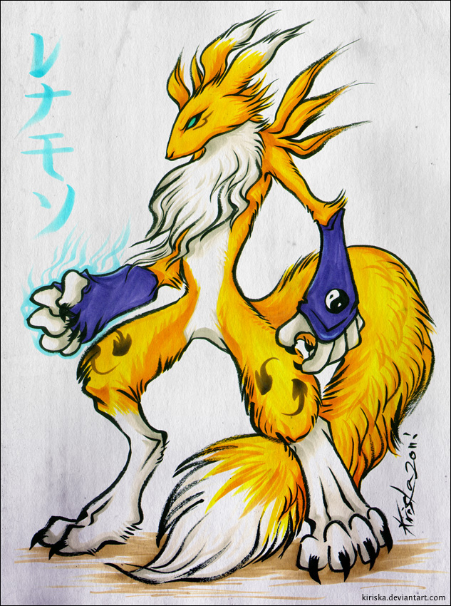 ambiguous_gender blue_eyes canine claws digimon elbow_gloves face_markings facial_markings fox gloves kiriska mammal markings plain_background renamon solo standing tail traditional_media white_background