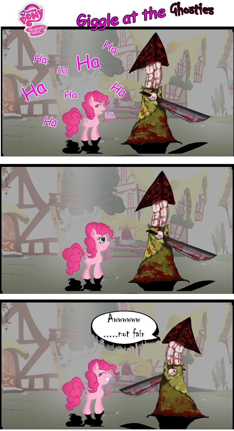 crossover disappointed disappointment equine female feral friendship_is_magic fur horse laugh laughter mammal my_little_pony pink_fur pinkie_pie_(mlp) pony pyramid_head silent_hill unknown_artist video_games