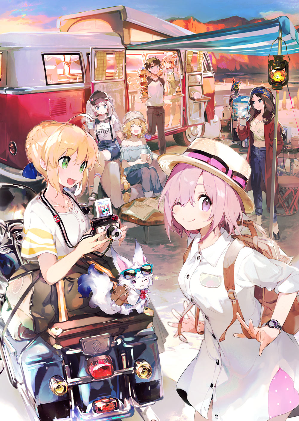 1boy 6+girls ahoge artoria_pendragon_(all) backpack bag bandanna bare_shoulders blouse braided_bun breasts camera cleavage cliff coffee_maker_(object) contemporary couch cup eyes_closed fate/grand_order fate_(series) fou_(fate/grand_order) fujimaru_ritsuka_(female) fujimaru_ritsuka_(male) ground_vehicle hair_over_one_eye hat highres jacket jeanne_d'arc_(fate) jeanne_d'arc_(fate)_(all) lantern leonardo_da_vinci_(fate/grand_order) long_braid long_hair map marie_antoinette_(fate/grand_order) mash_kyrielight mechanical_bird midriff motor_vehicle motorcycle multiple_girls namie-kun official_art one_eye_closed pants photo_(object) plate ribbon saber shorts sitting skirt smile sunglasses table tarpaulin twintails van very_long_hair watch