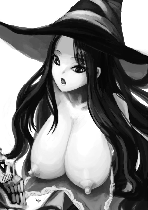 areolae blush breasts dragon's_crown greyscale hanging_breasts hat large_breasts long_hair monochrome nipples phandit_thirathon skeleton solo sorceress_(dragon's_crown) wardrobe_malfunction witch_hat
