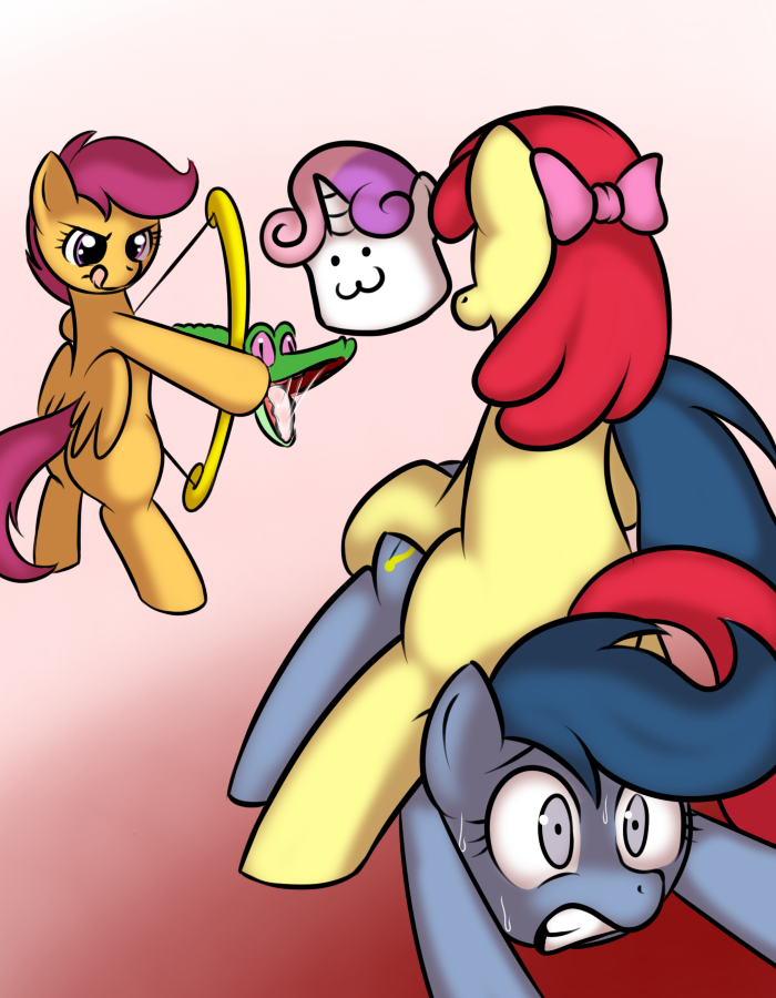 :3 alligator apple_bloom_(mlp) applebloom_(mlp) archer archer_(mlp) ass_up assisted_rape black_eyes blue_hair bow bow_(weapon) butt butt_grab cub cutie_mark cutie_mark_crusaders_(mlp) equine female feral forced friendship_is_magic fur gradient_background green_body grey_eyes grey_fur group gummy_(mlp) hair horn horns horse kloudmutt licking licking_lips looking_away mammal marshmallow multi-colored_hair my_little_pony open_mouth orange_fur original_character pegasus pink_sclera pony purple_eyes purple_hair raised_tail ranged_weapon rape red_hair reptile scalie scared scootaloo_(mlp) slit_pupils smile standing sweat sweetie_belle_(mlp) tongue tongue_out two_tone_hair unicorn weapon wings yellow_fur young