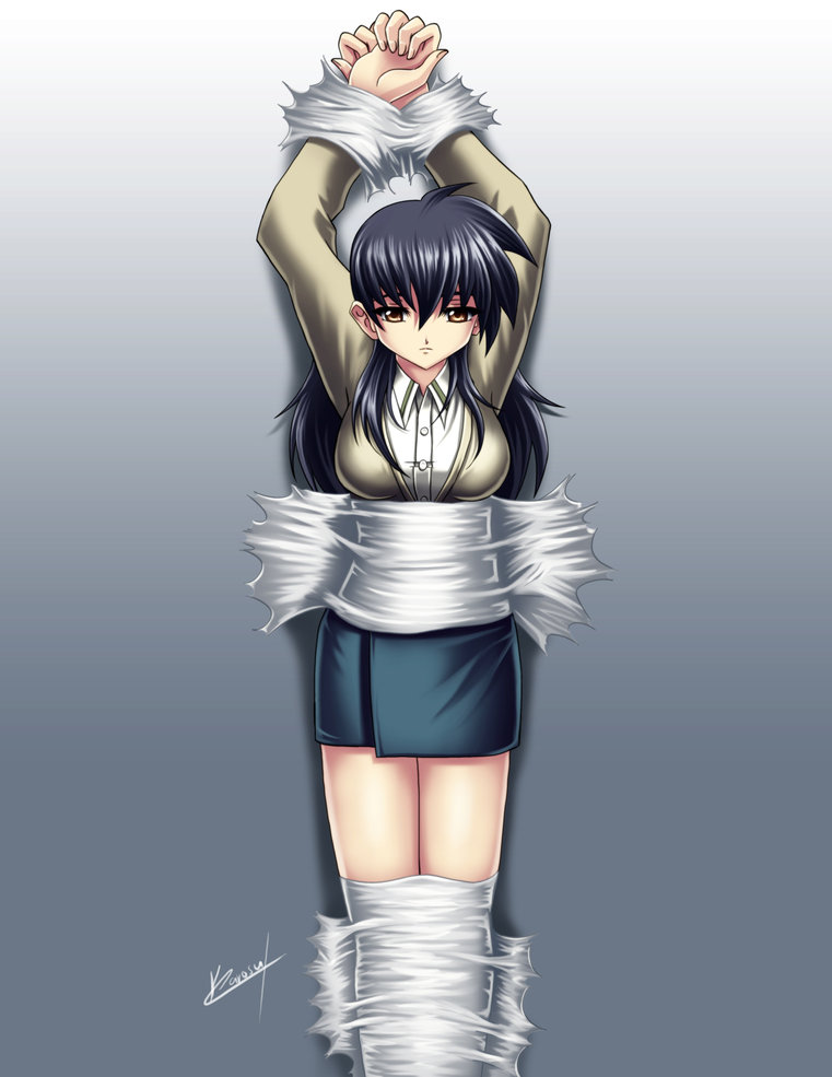 1girl arms_up bdsm black_hair bondage bound breasts brown_eyes capture frown higurashi_kagome inuyasha large_breasts long_hair school_uniform skirt solo spider_web web webbed