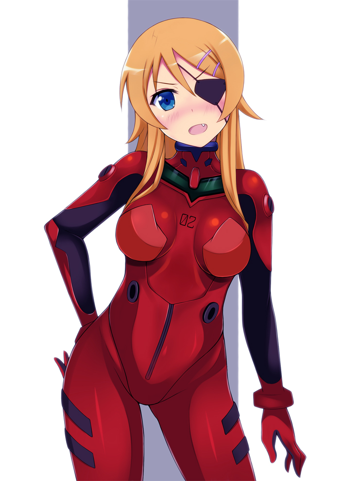 arm_at_side ass_visible_through_thighs bangs blue_eyes blush bodysuit bracer breasts breasts_apart contrapposto cosplay cowboy_shot evangelion:_3.0_you_can_(not)_redo eyepatch fang gloves grey_background hair_between_eyes hair_ornament hairclip hand_on_hip head_tilt hevn hips impossible_bodysuit impossible_clothes kousaka_kirino leaning_to_the_side legs_apart long_hair looking_at_viewer medium_breasts neon_genesis_evangelion nose_blush number one_eye_covered open_mouth orange_hair ore_no_imouto_ga_konna_ni_kawaii_wake_ga_nai parted_bangs pilot_suit plugsuit rebuild_of_evangelion red_bodysuit shikinami_asuka_langley shikinami_asuka_langley_(cosplay) sidelocks skin_tight smile solo souryuu_asuka_langley souryuu_asuka_langley_(cosplay) standing straight_hair turtleneck two-tone_background v-shaped_eyebrows white_background