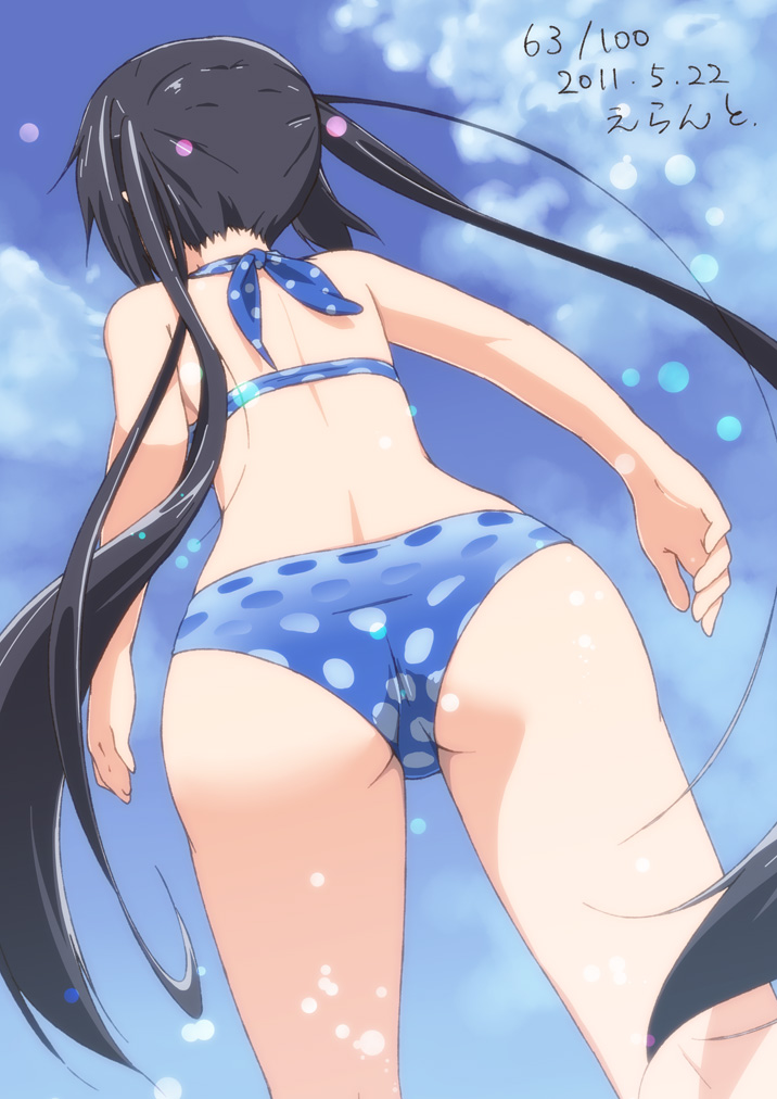 2011 ass bikini black_hair dated day errant from_behind from_below k-on! long_hair nakano_azusa outdoors polka_dot polka_dot_bikini polka_dot_swimsuit solo swimsuit trefoil twintails