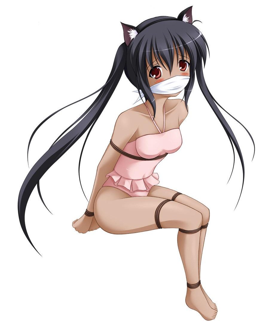 animal_ears bdsm bondage bound cloth_gag gag gagged improvised_gag k-on! nakano_azusa over_the_mouth_gag over_the_nose_gag rope swimsuit tan twintails