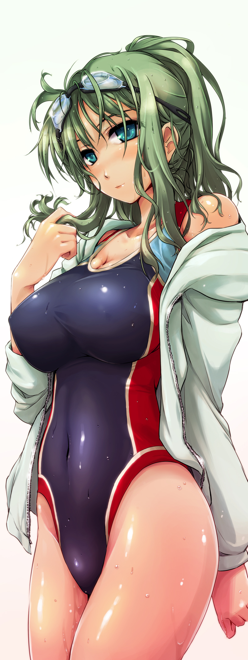 blue_eyes blush breasts cleavage competition_swimsuit goggles goggles_on_head green_hair highres large_breasts long_hair one-piece_swimsuit open_clothes original ouma_tokiichi shiny shiny_skin solo swimsuit swimsuit_under_clothes wet