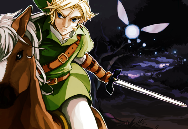blonde_hair blue_eyes earrings epona fairy gloves hat holding holding_sword holding_weapon horse jewelry left-handed link mochio_(ibuki) navi pointy_ears sword the_legend_of_zelda the_legend_of_zelda:_ocarina_of_time weapon