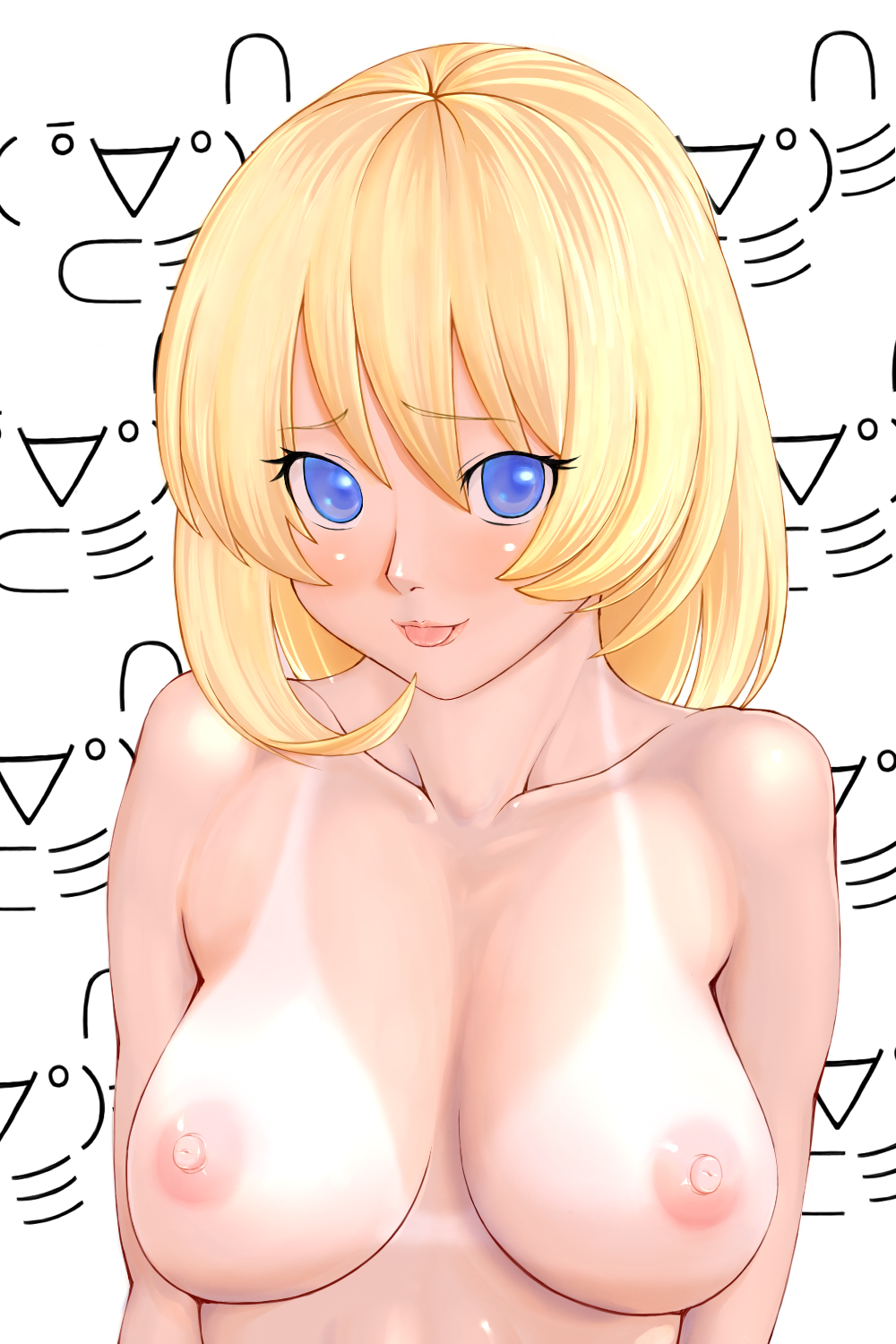 :p bad_id bad_pixiv_id blonde_hair blue_eyes blush breasts emoticon highres large_breasts nipples nude oppai_oppai original ryouta_pm solo tan tanline tongue tongue_out upper_body