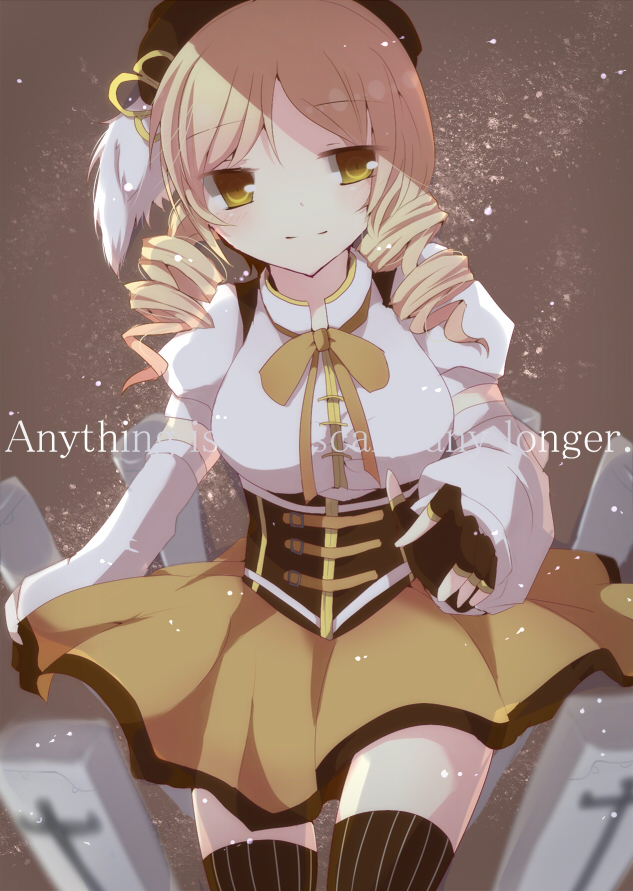 bad_id bad_pixiv_id beret blonde_hair blurry breasts brown_legwear corset depth_of_field detached_sleeves drill_hair engrish fingerless_gloves gloves gun hair_ornament hairpin hat large_breasts magical_girl magical_musket mahou_shoujo_madoka_magica perspective pleated_skirt puffy_sleeves ranguage ribbon rifle shimotsuki_eri shirt skirt smile solo striped striped_legwear taut_clothes taut_shirt thighhighs tomoe_mami twin_drills twintails vertical-striped_legwear vertical_stripes weapon yellow_eyes zettai_ryouiki