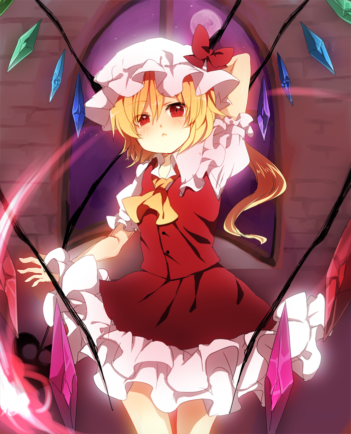 :&lt; amaya_enaka arm_up ascot blonde_hair bow crystal flandre_scarlet frilled_skirt frills full_moon hat hat_bow looking_at_viewer moon night red_eyes red_moon short_hair short_sleeves side_ponytail skirt slit_pupils solo touhou vest window wings