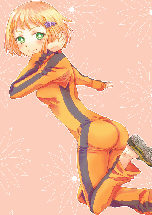 ass bad_id bad_pixiv_id blonde_hair bodysuit bruce_lee's_jumpsuit green_eyes hair_ornament hairclip hand_in_hair huang_baoling jumpsuit lori_(popppp) no_socks orange_bodysuit shoes short_hair simple_background sneakers solo tiger_&amp;_bunny