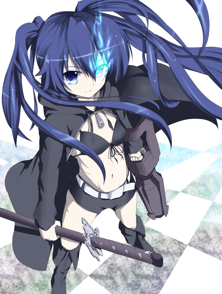 bad_id bad_pixiv_id bikini_top black_rock_shooter black_rock_shooter_(character) blue_eyes blue_hair boots checkered chorin coat katana long_hair navel pale_skin scar shorts solo standing sword transparent_background twintails weapon