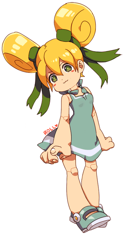 :3 alternate_costume alternate_hairstyle android bad_id bad_pixiv_id bare_shoulders blonde_hair doll_joints full_body green_eyes robot rockman roll shoes solo stere_o transparent_background