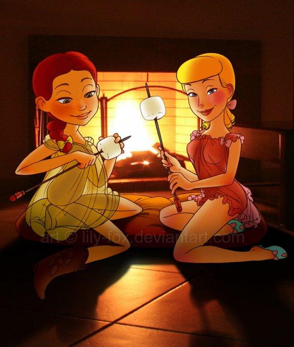 annoying_watermark babydoll blonde_hair blue_eyes blush bo_peep boots female fireplace hair jessie_the_yodeling_cowgirl marshmallows nightgown red_hair toy_story unknown_artist watermark