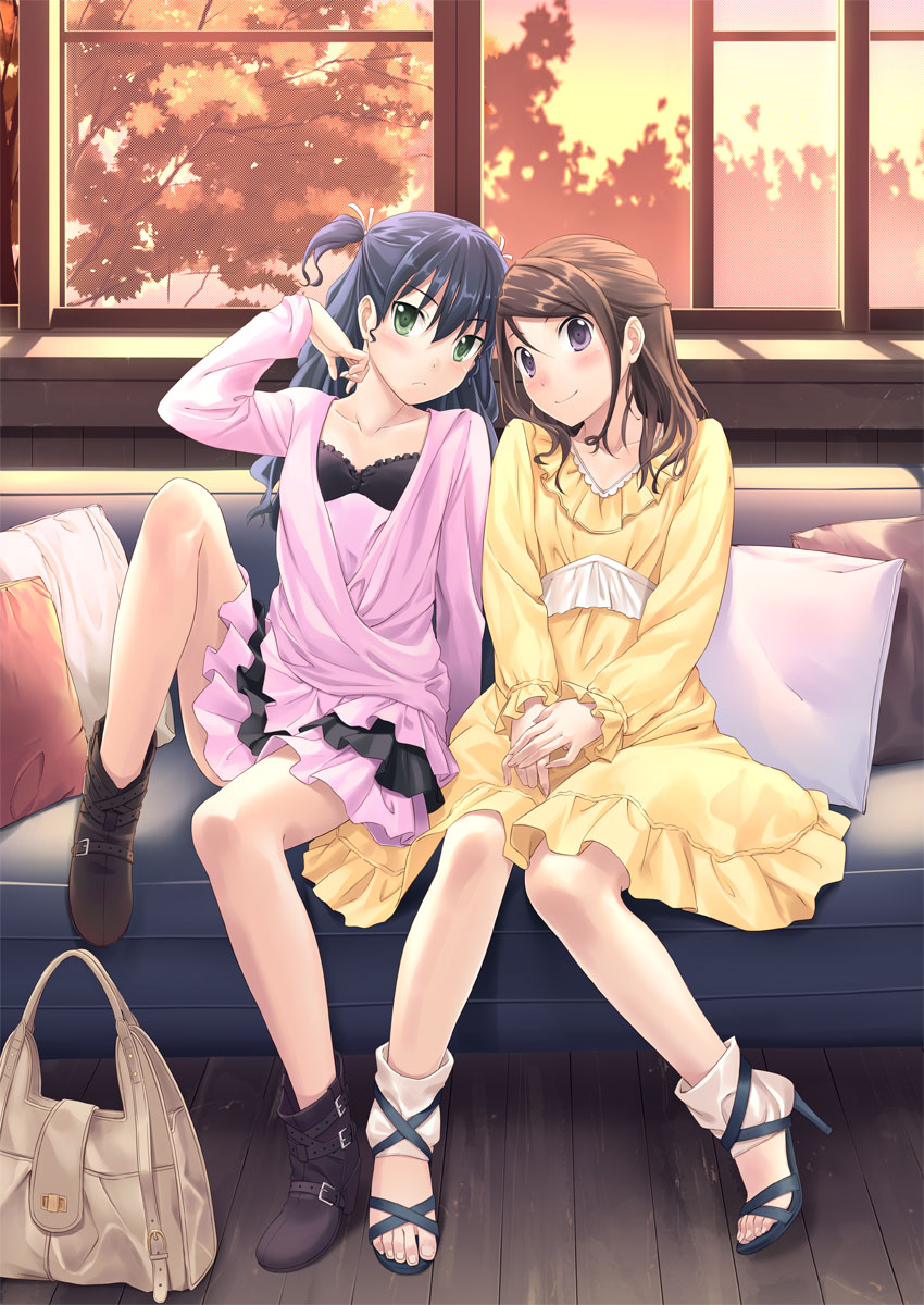 :/ ankle_boots ankle_lace-up autumn bag belt black_hair blush boots brown_hair casual couch cross-laced_footwear dress feet feet_on_chair greek_toe green_eyes handbag high_heels highres knees_together long_hair multiple_girls original pillow pink_dress purple_eyes sandals shoes sitting smile sweater tenkuu_nozora toes tree two_side_up window yellow_dress