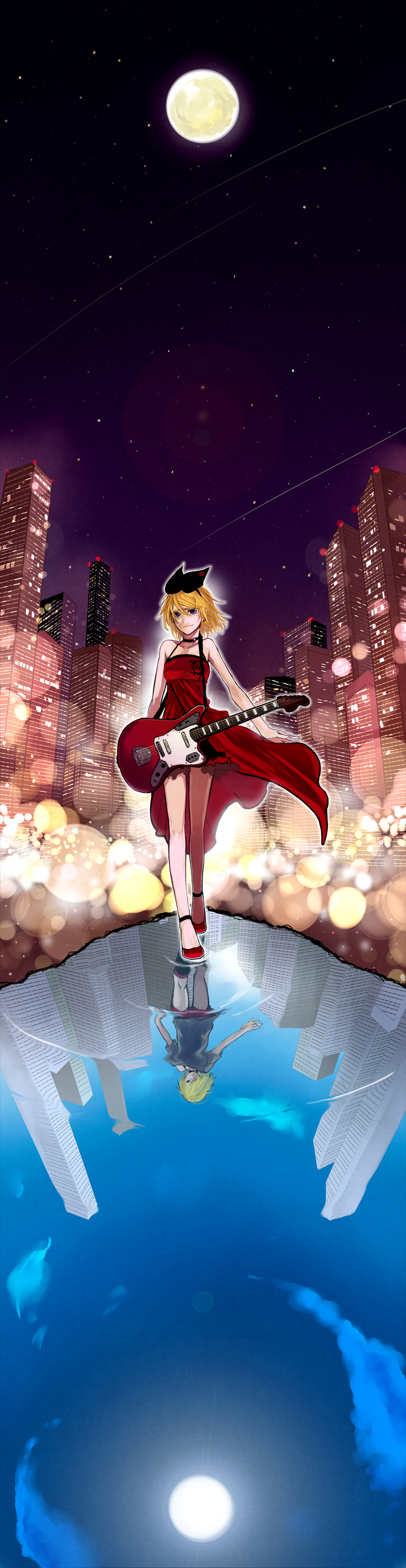 absurdres blonde_hair cityscape different_reflection dress full_moon guitar hair_ribbon highres instrument kagamine_rin long_image moon night red_dress reflection ribbon rioko shoes short_hair sky smile solo tall_image vocaloid