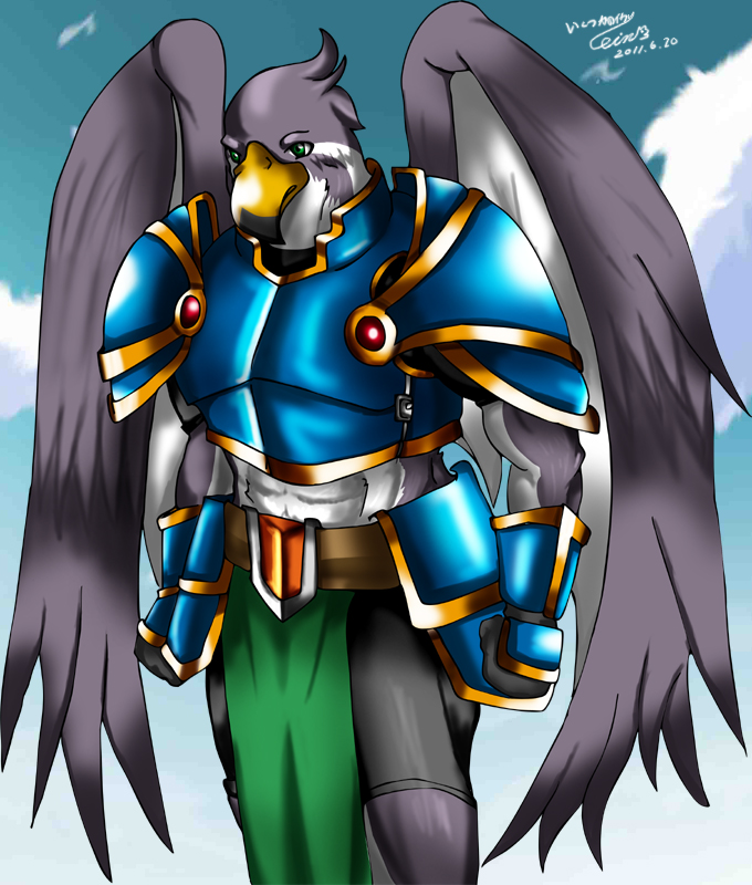 anthro armor avian beak bird blue cloud clouds feathers gold green_eyes male metal outside safe sky solo some_anger unknown_artist wings