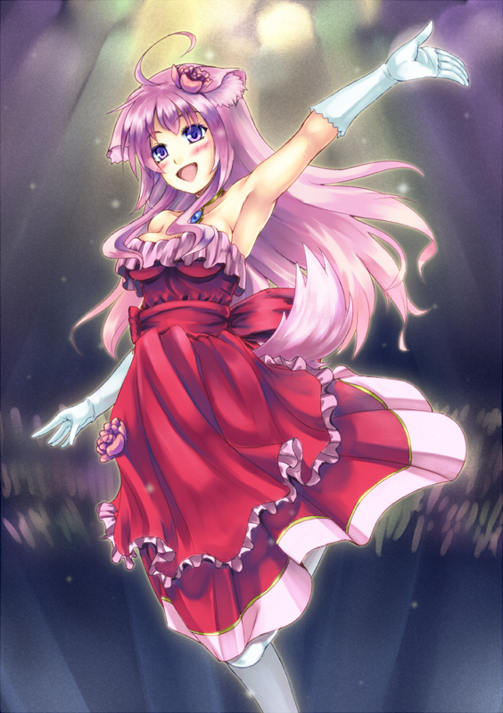 animal_ears arm_up armpits blush dog_days dog_ears elbow_gloves flower gloves hair_down hair_flower hair_ornament long_hair millhiore_f_biscotti open_mouth pink_hair purple_eyes ryo_(sora-ryu) solo standing standing_on_one_leg