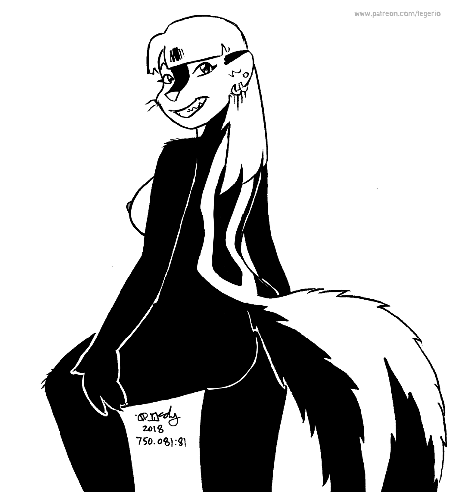 anthro black_and_white breasts edit female fur hair kelly_o'dor mammal mephitid monochrome nude nude_edit pinup pose skunk solo tegerio zandar's_saga zander's_saga