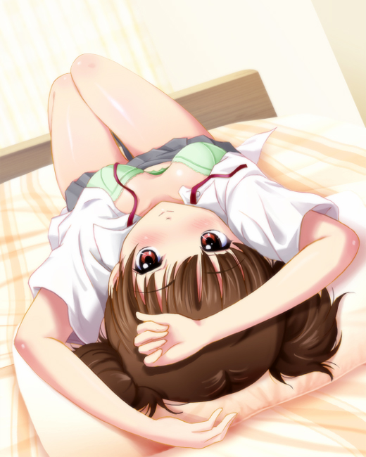 arms_up bad_id bad_pixiv_id blush body_blush bra brown_eyes brown_hair green_bra k-on! lingerie looking_at_viewer lying on_back open_clothes open_shirt pillow shian_(my_lonly_life.) shirt skirt smile solo suzuki_jun thighs twintails underwear undone_necktie untied upside-down