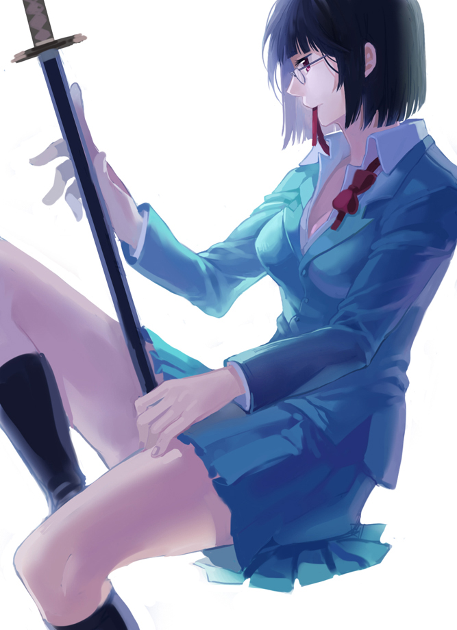 aile_(crossroads) bad_hands bad_id bad_pixiv_id bad_proportions black_hair blazer bob_cut breasts cleavage durarara!! glasses jacket medium_breasts mouth_hold open_clothes open_shirt pleated_skirt red_eyes school_uniform shirt short_hair skirt solo sonohara_anri sword weapon