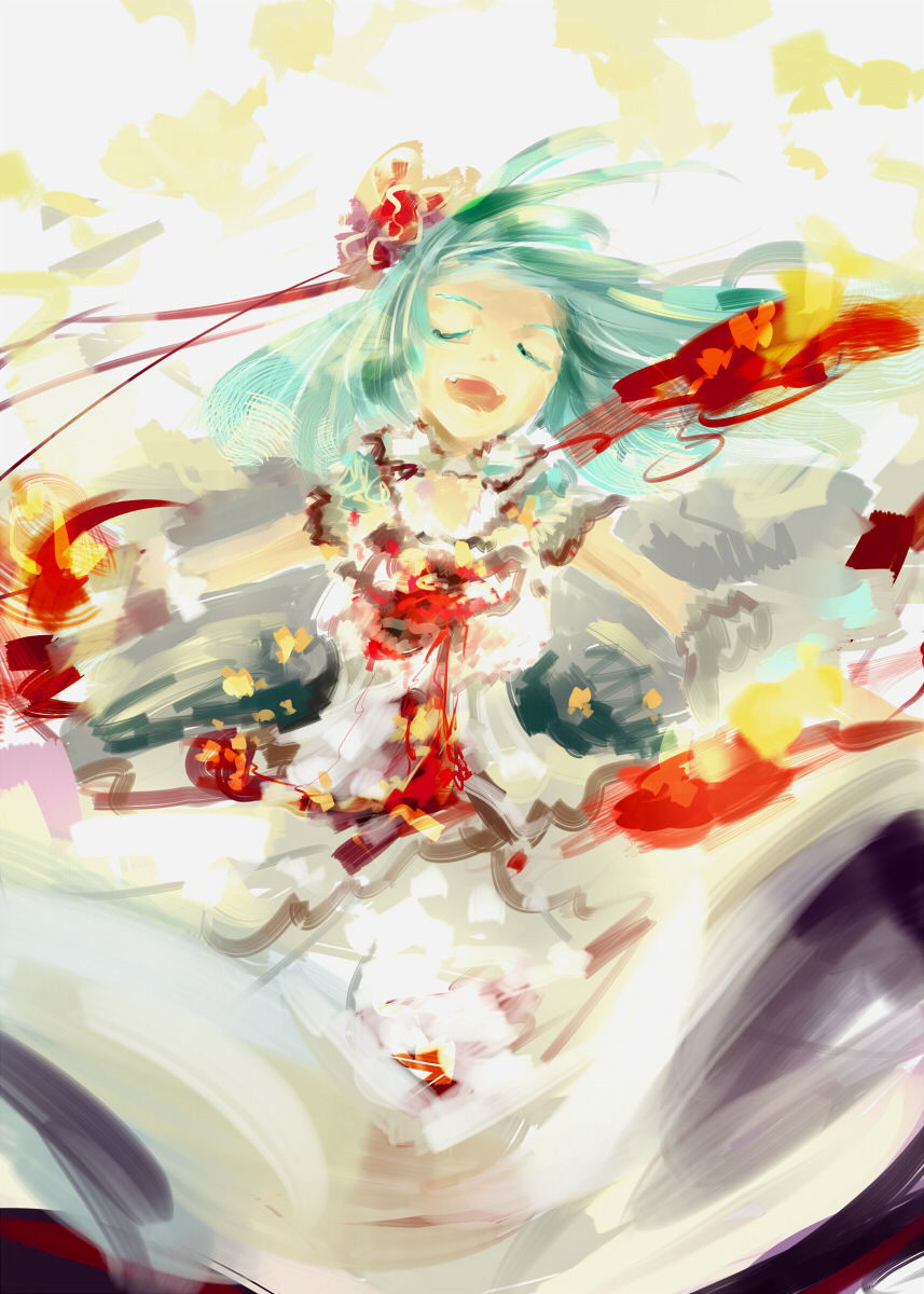 antiquewhite aqua_hair closed_eyes dress hatsune_miku highres music open_mouth singing solo twintails vocaloid white_dress