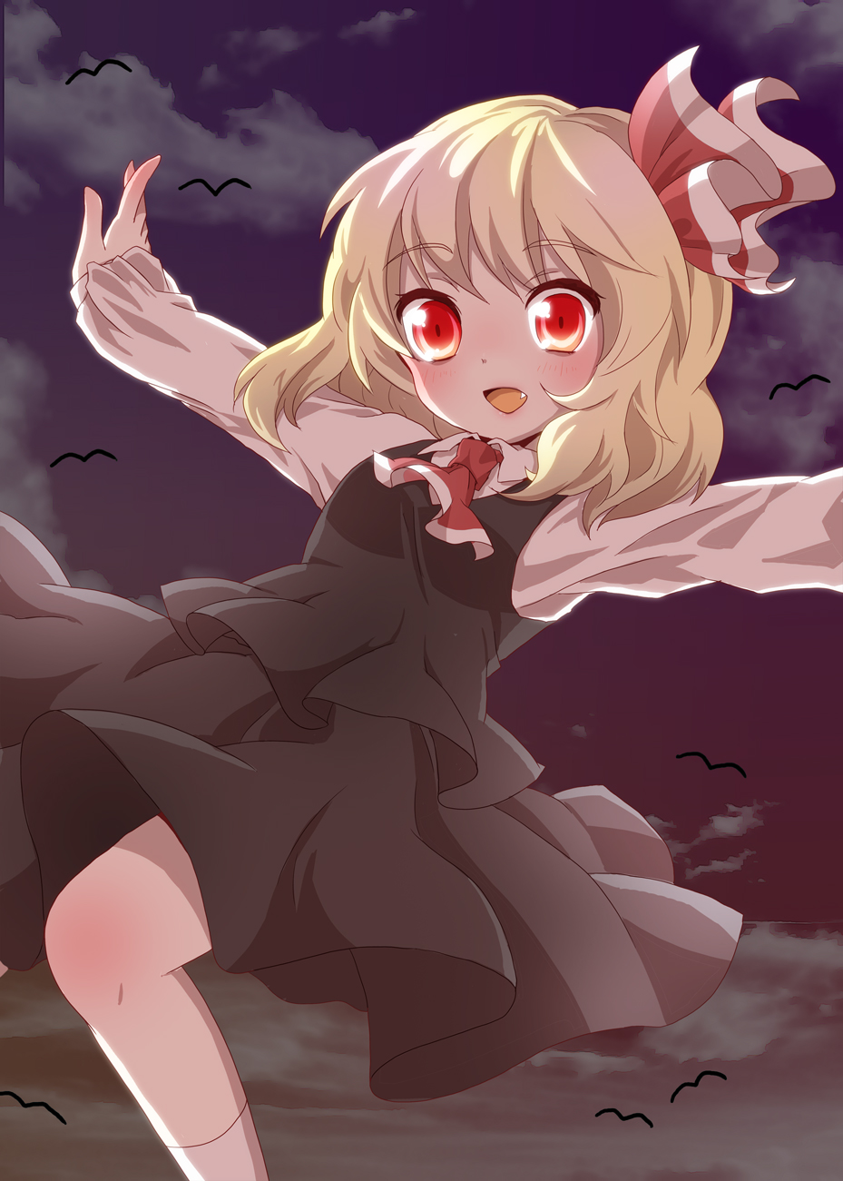 ascot bad_id bad_pixiv_id bird blonde_hair blush cloud dress_shirt face fang hair_ribbon highres kuromame_(8gou) night open_mouth outstretched_arms red_eyes ribbon rumia shirt short_hair skirt skirt_set sky smile solo spread_arms touhou vest