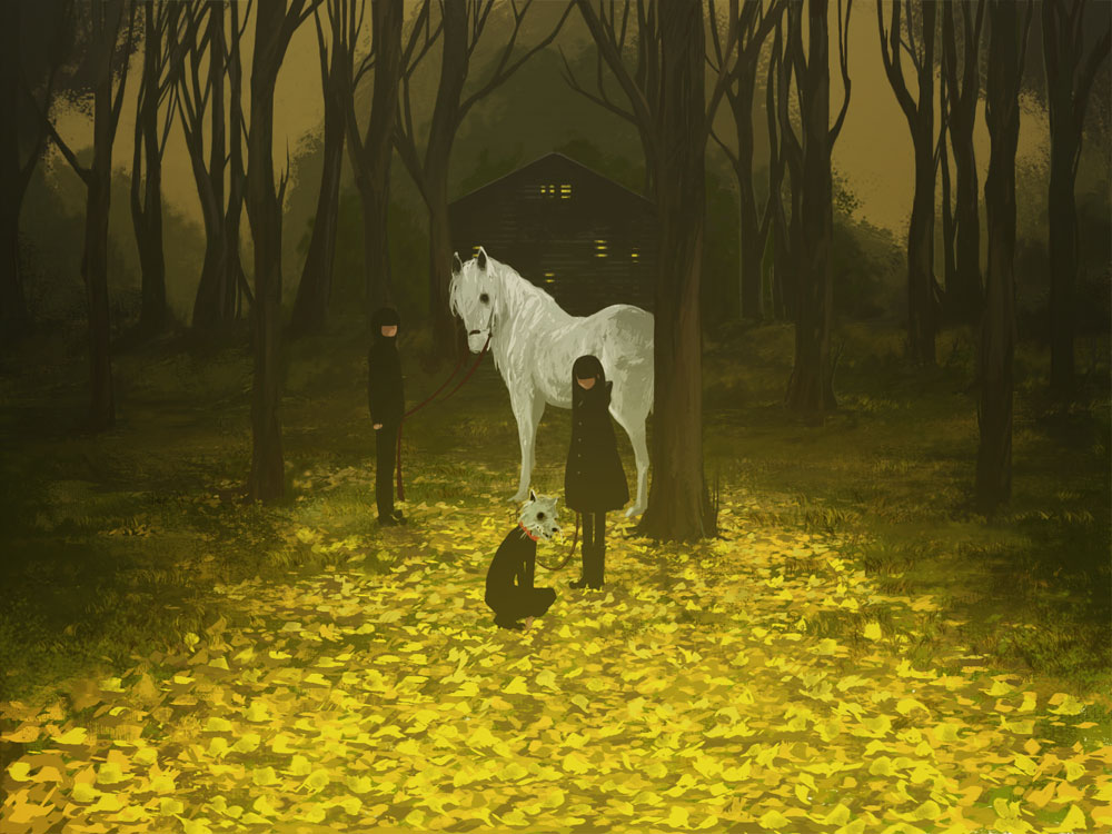1girl autumn chimera faceless fantasy forest ginkgo horse house kuchibiru_(lipblue) leaf leash nature night original wolf